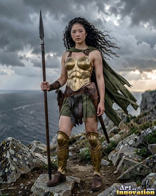A woman stands holding a spear on a cliff under overcast gray skies