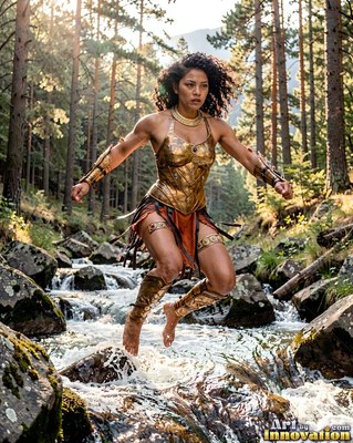 Leaping forward in gold armor, a woman crosses a rocky forest stream