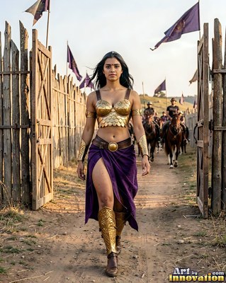 At a wooden gate, a warrior woman in gold armor and a purple skirt walks ahead of riders