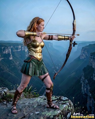 Drawing a longbow, a woman dressed in a gold chest plate aims from a high rocky cliff