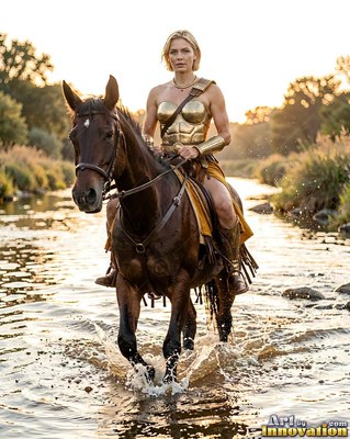 Warrior woman in gold armor rides a brown horse through a shallow river