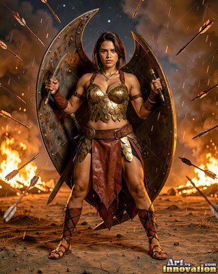 A woman wearing a gold scale top holds two shields on a burning battlefield