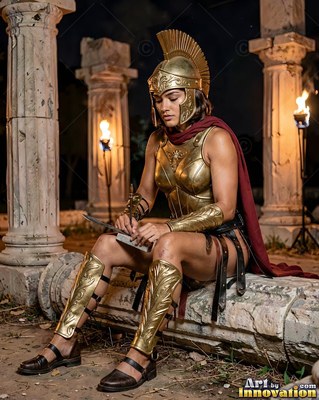 A woman in gold armor sits writing on a tablet under the warm torchlight
