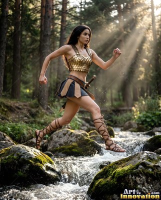 Mid-leap across a rocky stream in the woods, a woman wears gold armor