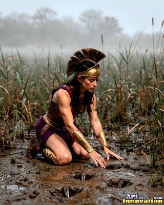 A woman wearing a gold helmet kneels in the muddy marsh, checking animal tracks
