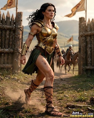 At a wooden fortress gate, a warrior woman in gold armor walks on a dirt path