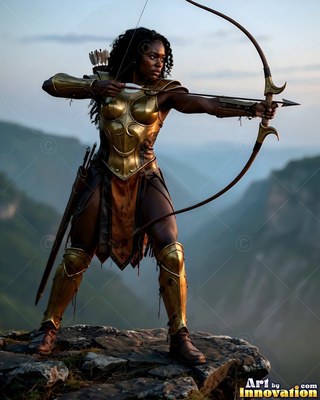 Aiming a wooden bow, a Black woman wearing gold armor stands on a cliff at dusk