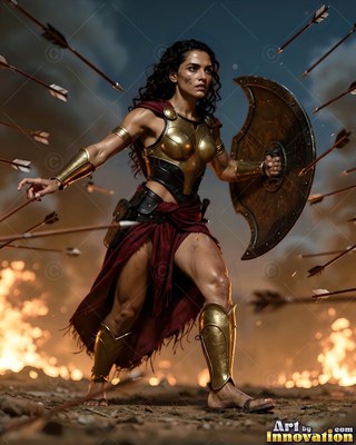 In a gold chest piece on a burning battlefield, a woman deflects flying arrows with a shield