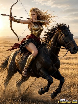 A woman aims a bow while riding a galloping black horse under pale sunlight