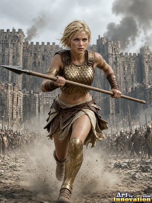 Charging forward, a fair-haired woman holds a spear in front of a stone fortress