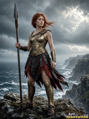 On a rocky coastal cliff, a red-haired woman armored in gold holds a tall spear