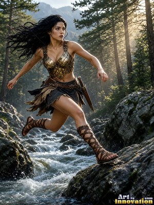 Leaping across a rocky stream, a dark-haired woman runs in gold armor and a skirt