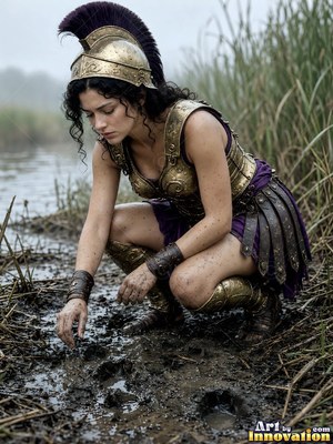 A woman armored in gold crouches by mud tracks near water