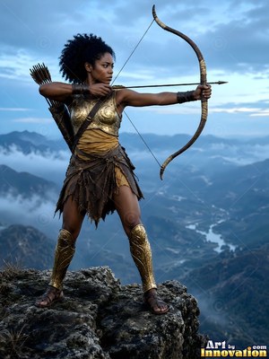 A woman draws a large bow on a rocky peak under a cool blue dusk sky