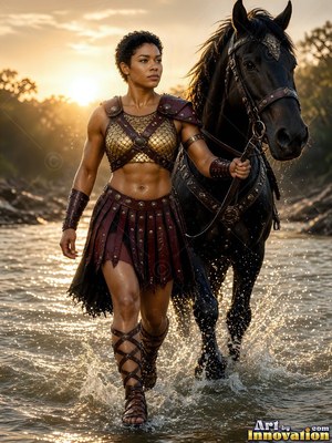 Walking forward in a shallow river, a woman leads a black horse at sunset