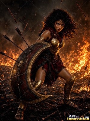 A woman in gold armor crouches behind a curved shield in a fire
