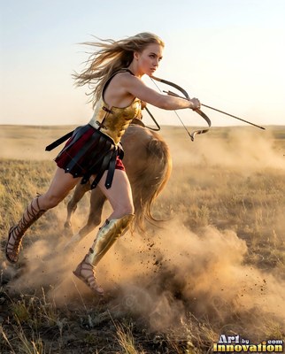 In a dusty field, a blonde woman in gold armor aims a bow beside her horse