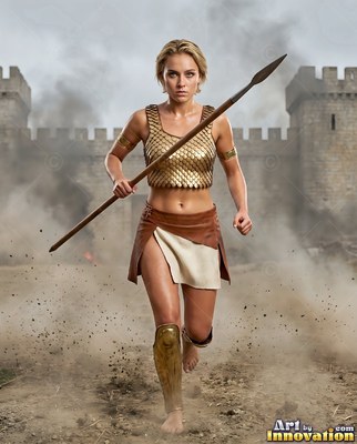 Running forward with a spear, a blonde woman wears a gold scalemail top and skirt