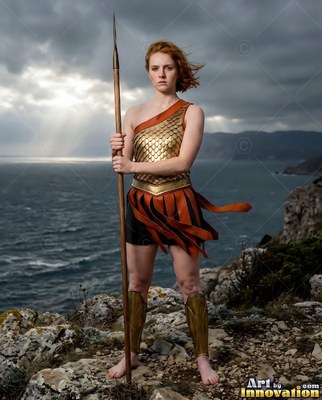 Wearing a gold scale top, a woman holds a long spear on a rocky cliff above the sea