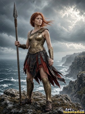A red-haired warrior woman stands with a spear on a rocky cliff under gray, stormy clouds
