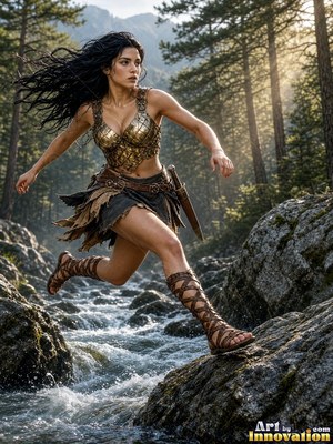 Leaping over a rocky stream, a woman clad in a gold breastplate runs through woods