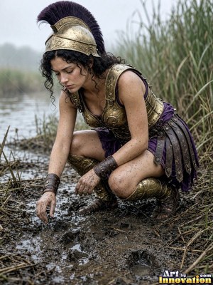 A woman wearing a gold helmet and armor crouches to check muddy tracks by a marsh