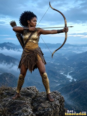 Aiming a drawn bow, a Black woman in gold armor stands atop a rocky mountain peak