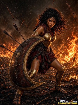 Wearing a gold breastplate, a woman blocks rain and arrows with her curved shield near fire