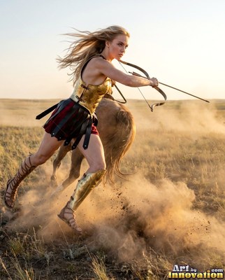 A blonde warrior woman armored in gold aims a bow while running alongside her horse in dry grass