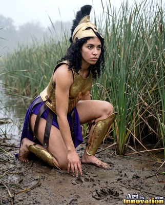 Woman wearing gold armor crouching in the mud by tall reeds