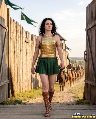 In a gold scale cuirass, a woman walks through wooden fort gates under the open sky