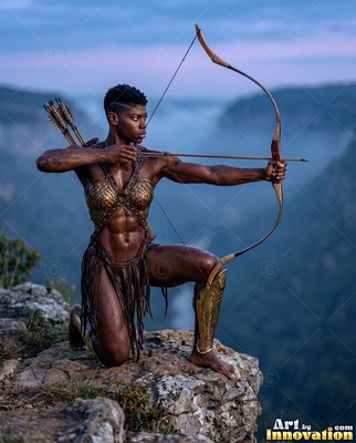 A warrior woman kneels on a cliff aiming a wooden bow against a dusky blue sky