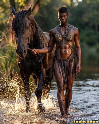 Walking forward through a sunlit river, a woman in golden armor leads a horse