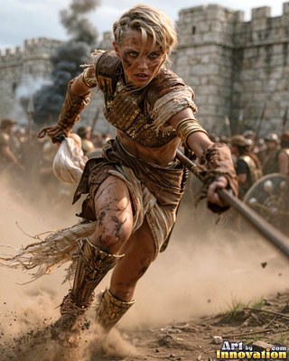Charging through the dust, a blonde warrior woman thrusts her spear before a stone wall