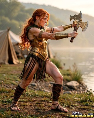 Red-haired woman in golden armor holds two axes by a lake camp