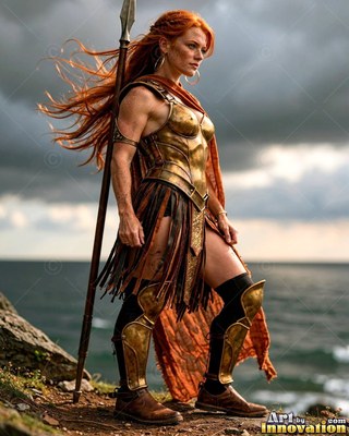 A red-haired woman holds a spear in a gold breastplate by a dark ocean cliff