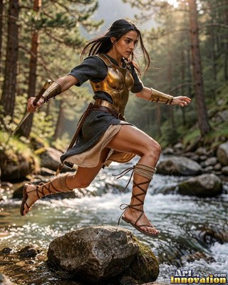 A woman leaps across a rocky stream in the woods under soft, warm sunlight