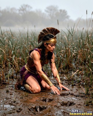 Kneeling forward in a foggy swamp, a woman in golden armor inspects tracks in mud