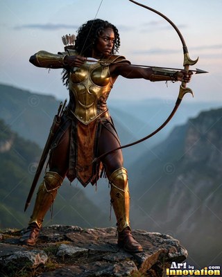 On a rocky cliff, a Black warrior woman in gold armor aims a longbow over a valley
