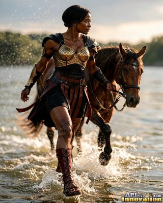 Wading through shallow water, a woman in a golden breastplate leads a brown horse