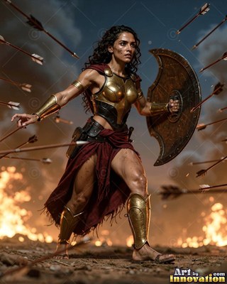 Warrior woman in gold armor holding a shield dodges flying arrows