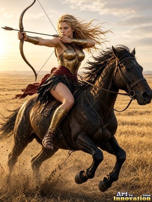 In a gold breastplate, a blonde woman draws a bow while galloping on a black horse through dry plains