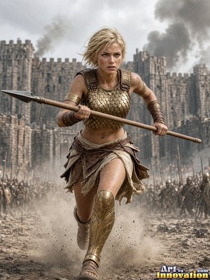 A fair-haired woman runs forward with a spear beneath the hazy gray sky