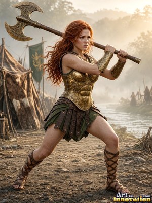 Standing in a wide stance at a war camp, a woman in gold armor holds an axe
