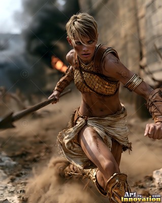 On a dusty battlefield, a short-haired woman runs forward with a spear in hand