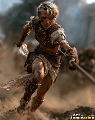 Charging forward, a yellow-haired woman in brown leather armor runs with a spear through dust