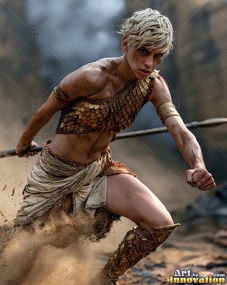 Short-haired blonde-haired woman in gold scale armor running with a spear