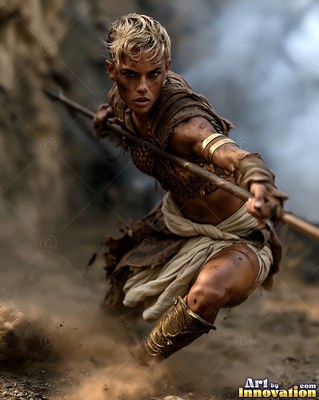 A gold armband wraps the bicep of a crouching woman thrusting a spear in the dust