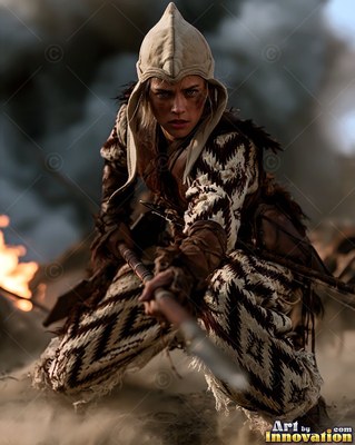 A woman warrior crouches with a wooden spear in front of warm orange firelight