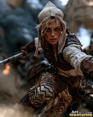 Crouching low on dusty ground, a blonde-haired woman aims a spear forward